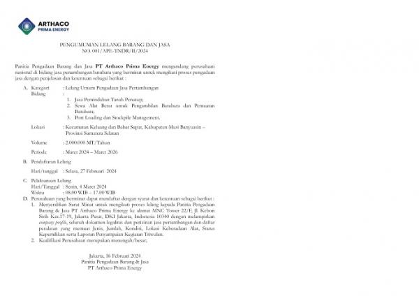 Surat pengumuman pengadaan <strong><a rel='dofollow'  href='https://www.inews.id/tag/lelang-umum'>lelang umum</a></strong> PT Arthaco Prima Energy. (Foto: Ist)