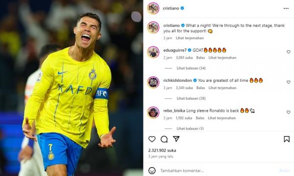 Cristiano Ronaldo mengunggah pesan di Instagram usai Al Nassr lolos ke perempat final Liga Champions Asia 2023-2024, Kamis (22/2/2024) dini hari WIB. (Foto; Instagram @cristiano)
