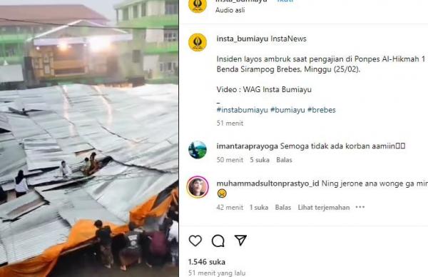 Tangkapan layar tenda pengajian di Ponpes Al Hikmah Benda, Brebes, ambruk kena angin kencang, Minggu (25/2/2024). (Foto: Instagram) 