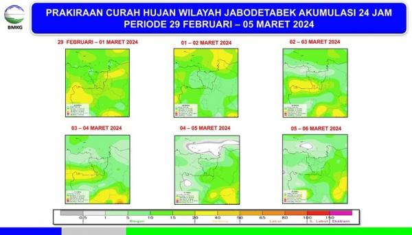 Prakiraan curah hujan di wilayah Jabodetabek hingga 5 Maret 2024.