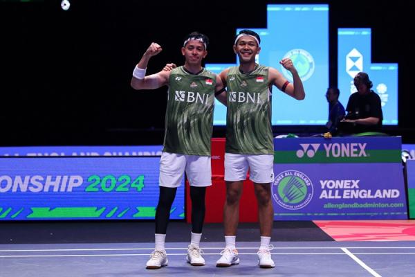 Ganda putra Indonesia, Fajar Alfian/Muhammad Rian Ardianto, akan meladeni wakil Malaysia Aaron Chia/Soh Wooi Yik, pada final All England 2024 di Utilita Arena, Birmingham, Minggu (17/3/2024). (Foto: PBSI)