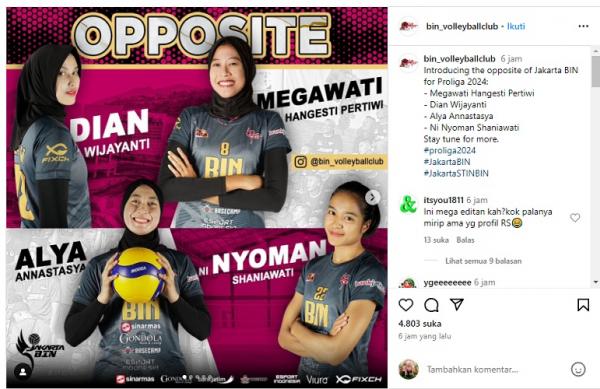 Jakarta BIN bergabungnya Megawati Jakarta BIN resmi mengumumkan bergabungnya Megawati Hangestri Pertiwi di Instagram resmi mereka, Senin (1/4/2024) malam. (Foto: @bin_volleyballclub)