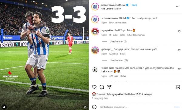 Thom Haye SC Heerenveen mengunggah selebrasi Thom Haye ke gawang FC Twente pada Liga Belanda 2023-2024, Kamis (4/4/2024) dini hari WIB. (Foto: @scheerenveenofficial)