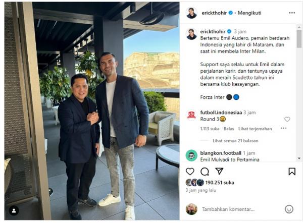 Erick Thohir mengunggah foto dirinya dengan Emil A Erick Thohir mengunggah foto dirinya dengan Emil Audero di Instagram pribadinya. (Foto: Instagram @erickthohir)