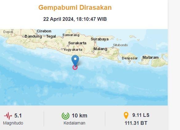 Gempa Terkini M5 1 Guncang Pacitan Pusat Di Laut Kedalaman 10 Km