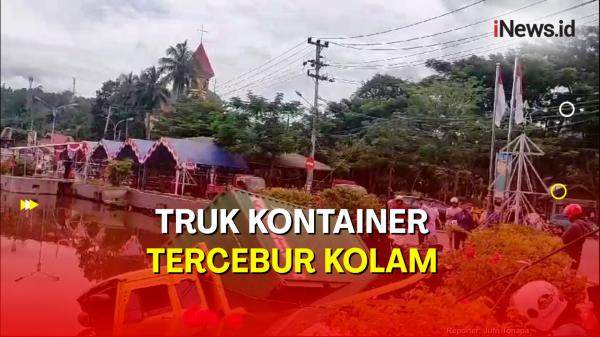 Truk Kontainer Tercebur Kolam di Tengah Kota Tana Toraja<