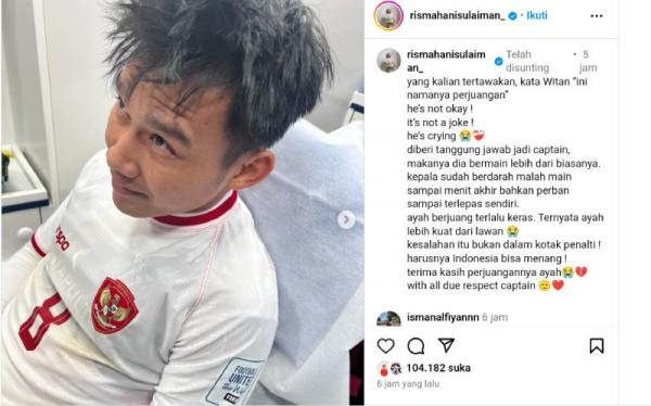 Istri Witan Sulaeman, Rismahani, mengunggah foto-foto saat suaminya mendapat perawatan di kepala usai melawan Guinea, Kamis (9/5/2024). (Foto: Instagram @rismahanisulaiman_)