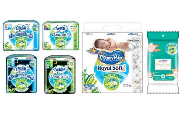 Charm Cooling Fresh Bio & Daun Sirih Bio (atas Day, bawah Night), Mamy Poko Royal Soft Bio, dan Kirey Antibacterial Wipes Bio. (Foto: dok Unicharm)
