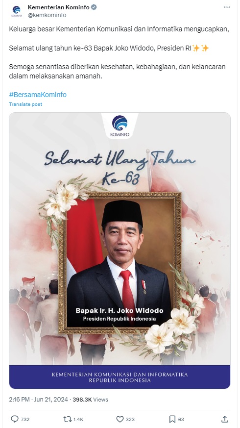 Viral Ucapan Selamat Ultah Jokowi Ucapan selamat ultah kepada Jokowi dari Kominfo yang diuggah di X viral. Netizen semula mengira unggahan itu sebagai kabar duka. (Foto: @ardisatriawan/X)