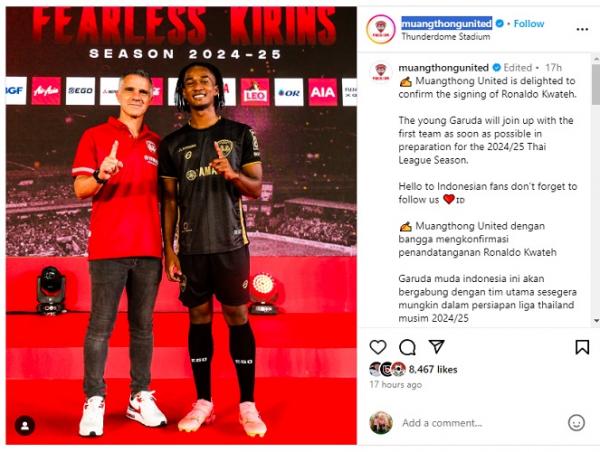 Muangthong United mengajak fans Indonesia untuk me Muangthong United mengajak fans Indonesia untuk mengikuti kiprah Ronaldo Kwateh di Liga Thailand. (Foto: Instagram @muangthongunited)