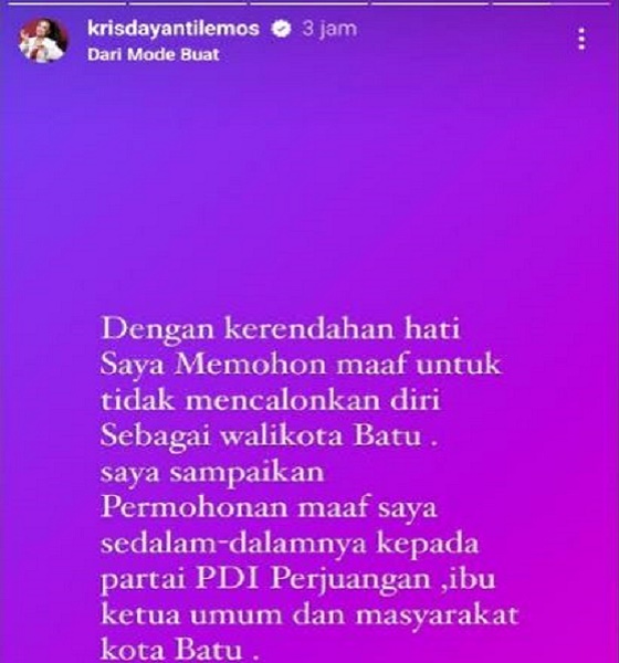 Unggahan Krisdayanti mundur dari pencalonan di Pikada Kota Batu 2024. (Foto: IG)