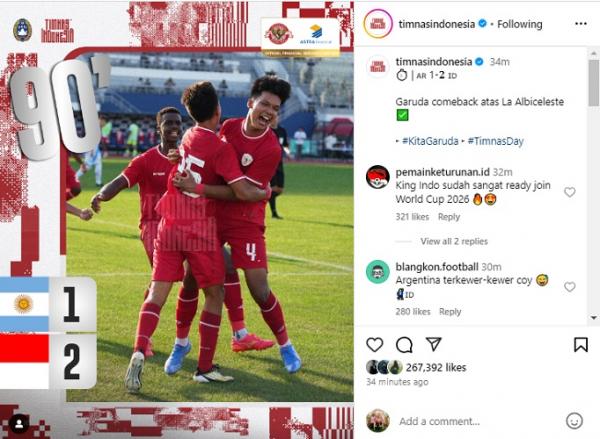 Timnas Indonesia IG Netizen memuji penampilan Timnas Indonesia U-20 saat melumat Argentina 2-1 pada turnamen Seoul Earth On Us Cup 2024 di Mokdong Stadium, Rabu (28/8/2024) siang WIB. (Foto: Instagram @timnas.indonesia)
