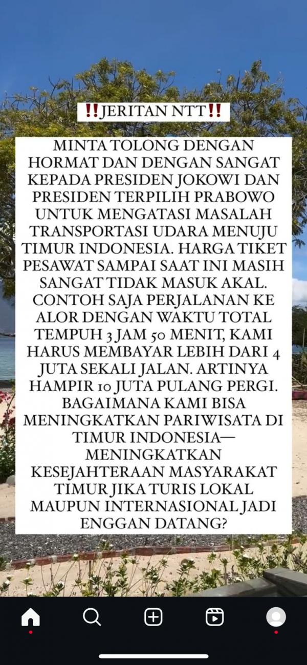 Curhatan Kirana Larasati soal tiket pesawat ke NTT sangat mahal