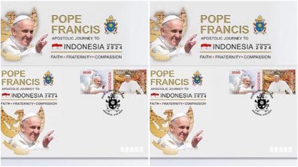 Begini penampakan perangko edisi khusus Paus Fransiskus yang akan berkunjung ke Indonesia.