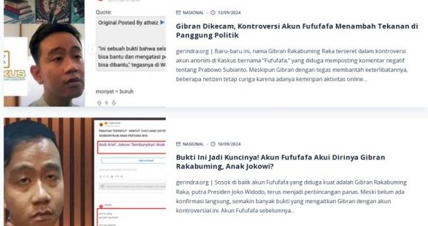 Situs Gerindra.org Fufufafa Gibran Tangkapan layar artikel terkait akun Fufufafa yang dimuat di situs Gerindra.org. (Foto: Istimewa)