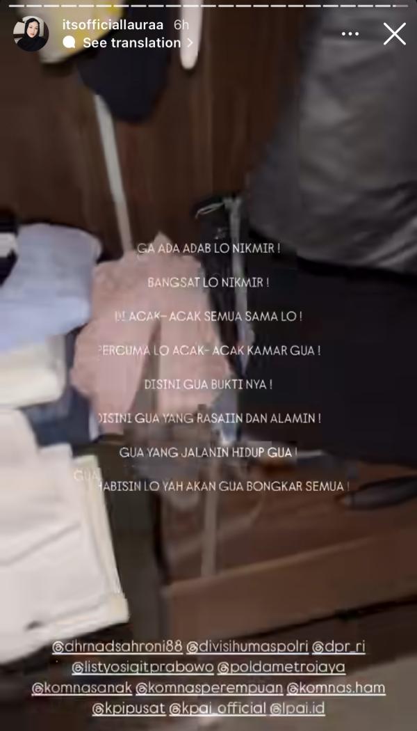 Instastory Lolly Amarah Lolly kepada ibunya sendiri, Nikita Mirzani, yang menurutnya telah mengacak-acak kamar apartemennya. (Foto: Instagram)