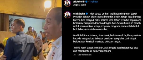 Unggahan Instagram Erick Thohir saat Jokowi berpamitan kepada warga (Foto: Ist)