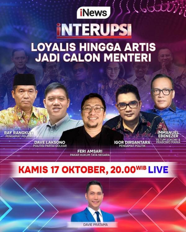 Interupsi 3 Jangan lewatkan INTERUPSI malam ini pukul 20.00 WIB, Live hanya di iNews. (Foto iNews).