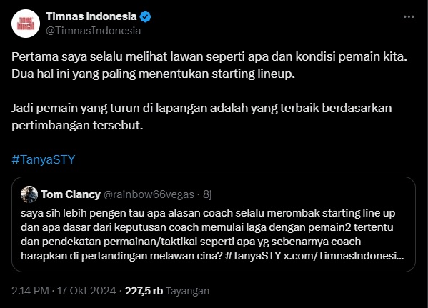 Jawaban Shin Tae-yong tentang apa yang menjadi pertimbangannya memilih sebelas pertama di setiap laga Timnas Indonesia. (Foto: X @TimnasIndonesia)