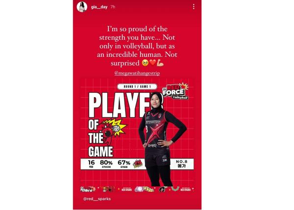 Giovanna Milana mengirim pesan menyentuh kepada Megawati Hangestri Pertiwi lewat unggahan story di Instagram-nya, @gia_day, pada Rabu (23/10/2024).