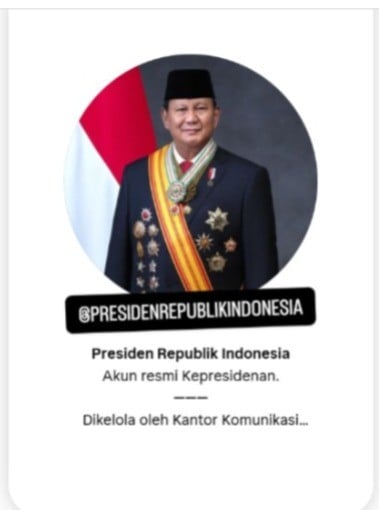 Akun Prabowo Akun Kepresidenan Prabowo Subianto (Foto: Ist)