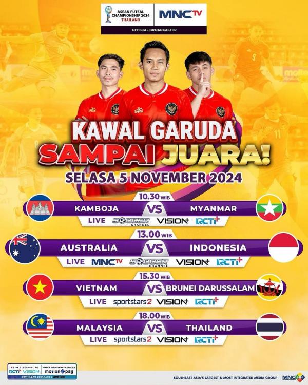 Timnas futsal Indonesia menghadapi Australia Timnas futsal Indonesia akan menghadapi Australia pada lanjutan Piala AFF Futsal 2024, Selasa (5/11/2024) pukul 13.00 WIB. (Foto: MNCTV)