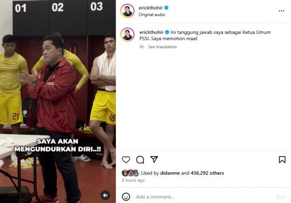 Erick Thohir mengancam mundur sebagai Ketua Umum (Ketum) PSSI usai Timnas Indonesia dibantai 0-4 oleh Jepang. (Foto: Instagram @erickthohir)