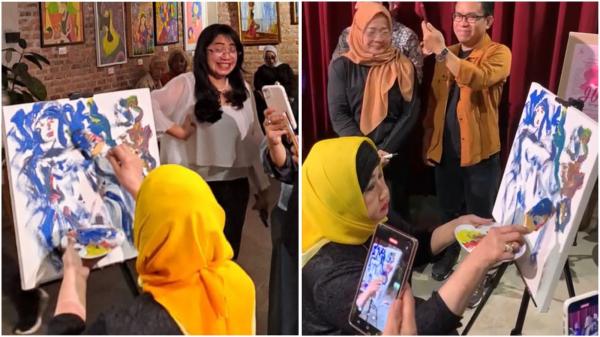 Dewi Mutik melukis di acara pembukaan pameran lukisan Kisah Ibu Sepanjang Masa. (Foto: Istimewa)