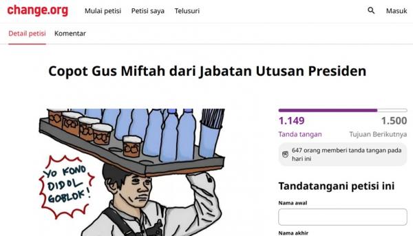 Petisi Copot Gus Miftah Petisi bertajuk `Copot Gus Miftah dari Jabatan Utusan Presiden`. (Foto: Change.org)