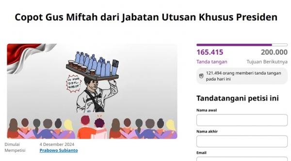 Petisi Copot Gus Miftah 1 Petisi Copot Gus Miftah dari Jabatan Utusan Khusus Presiden menembus 165.415 tanda tangan per Jumat (6/12/2024). (Foto: Change.org)