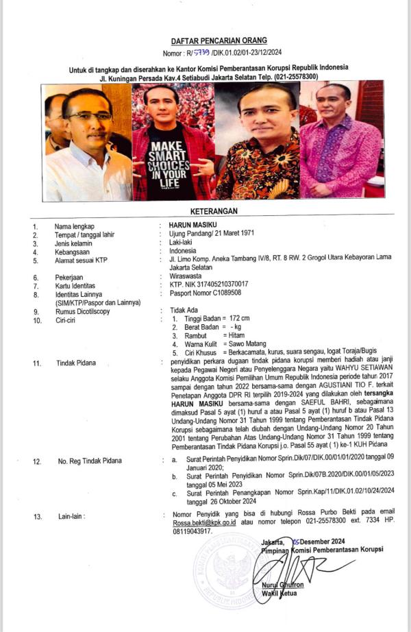 Surat DPO Harun Masiku Surat DPO Harun Masiku yang diterbitkan KPK. (Foto: Istimewa)