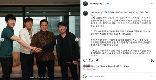 Shin Tae-yong menuturkan ucapan terima kasih kepad Shin Tae-yong menuturkan ucapan terima kasih kepada banyak pihak usai diberhentikan dari posisi pelatih Timnas Indonesia. (Foto: Instagram @shintaeyong7777)