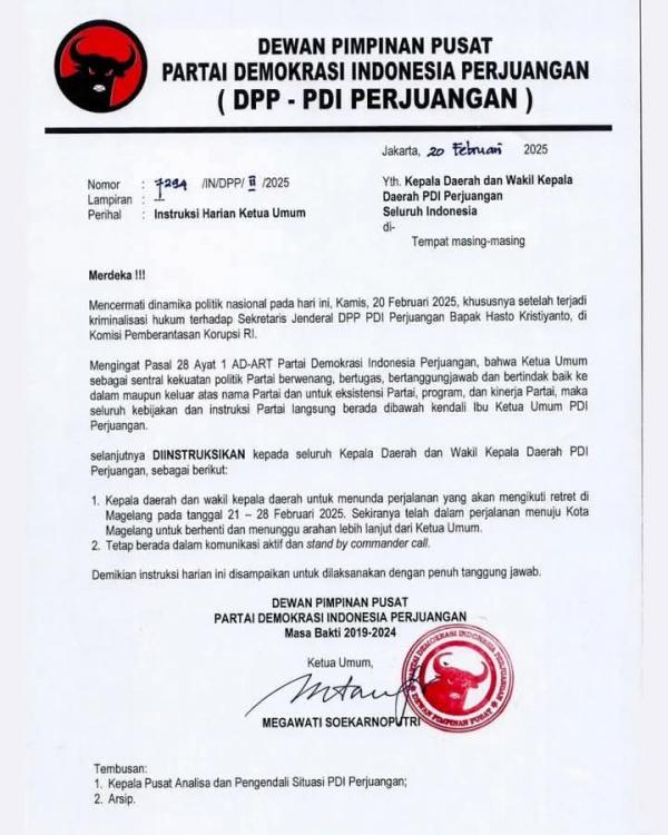 Surat Instruksi dari Megawati untuk kepada daerah PDIP tak ikut retreat ke Magelang pada 21-28 Februari 2025
