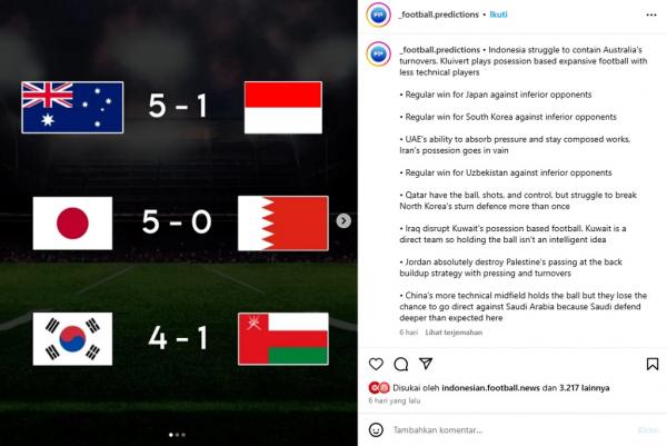 Akun Instagram @_football.predictions telah mempre Akun Instagram @_football.predictions telah memprediksi Timnas Indonesia dibantai Australia sehari sebelum pertandingan, Rabu (19/3/2025). (Foto: @_football.predictions)