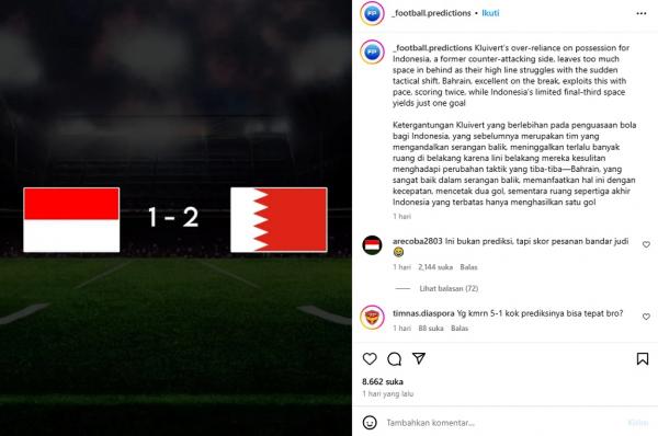 Timnas Indonesia kembali diprediksi kalah dari Bah Timnas Indonesia kembali diprediksi kalah dari Bahrain. (Foto: Akun Instagram @_football.predictions telah memprediksi Timnas Indonesia dibantai Australia sehari sebelum pertandingan, Rabu (19/3/2025). (Foto: @_football.predictions)