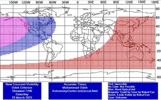 Posisi Hilal Pusat Astronomi Peta wilayah-wilayah yang bisa melihat dan tidak melihat hilal Idul Fitri 1446 H (Pusat Astronomi Internasional)