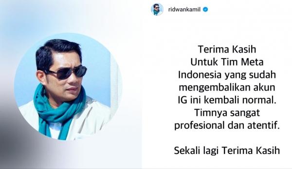 Akun Instagram Kembali Pulih Setelah Diretas, Ridwan Kamil: Terima Kasih Tim Meta