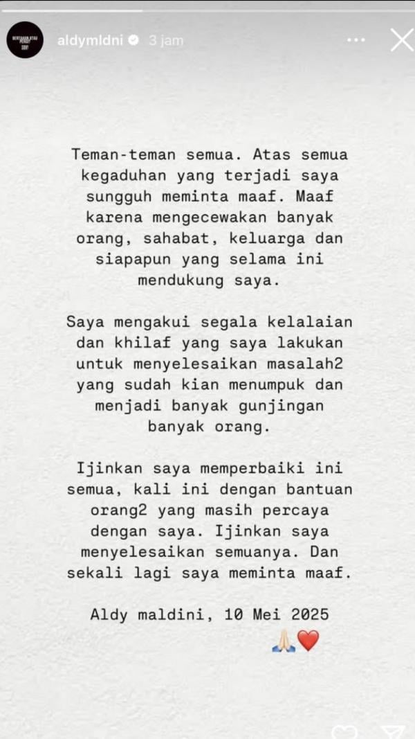 Permintaan Maaf Aldy Maldini Permintaan Maaf Aldy Maldini di Instagram. (Foto: Instagram)