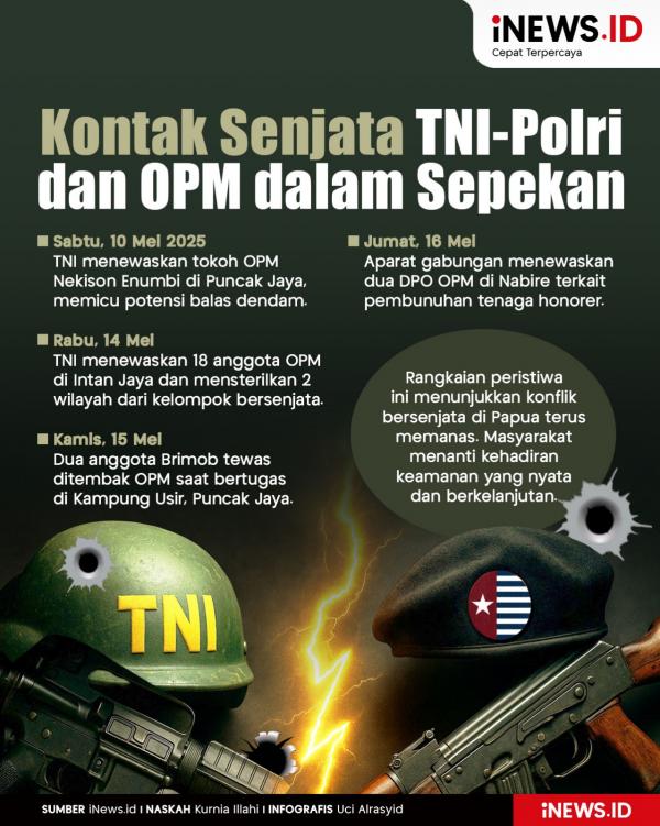 Infografis rentetan kontak senjata TNI-Polri dan OPM terjadi dalam sepekan.