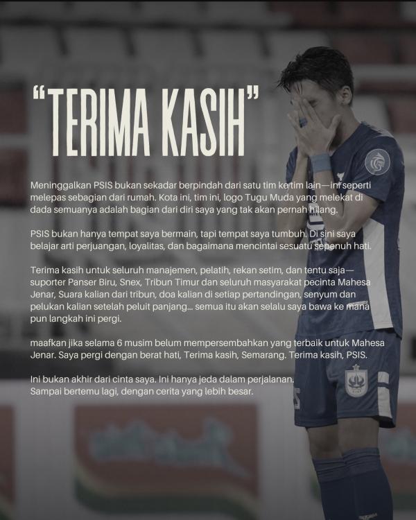 Kata perpisahan Septian David Maulana kepada PSIS Semarang dan seluruh elemennya. (Foto: X@davidmaulana)