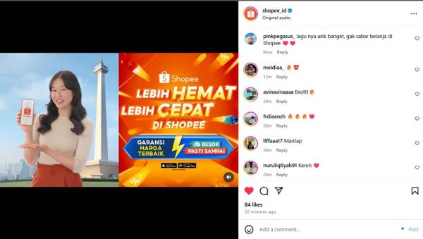 Iklan Shopee Lebih Hemat Lebih Cepat mendapat sambutan hangat dari warganet. (Foto: tangkapan layar/Instagram)