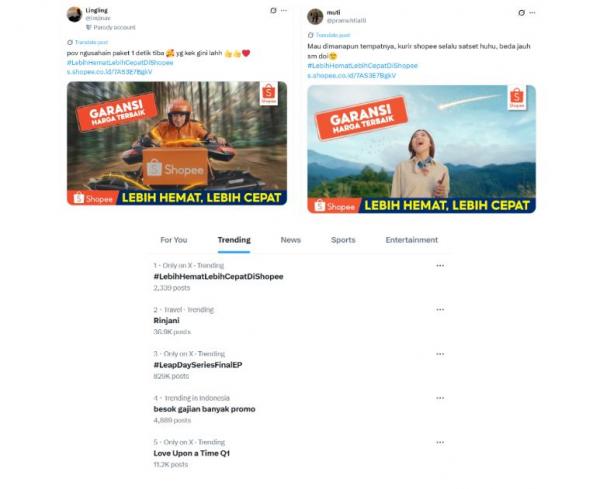 Warganet membagikan ulang cuplikan iklan Shopee Lebih Hemat Lebih Cepat favorit mereka. (Foto: tangkapan layar/X)