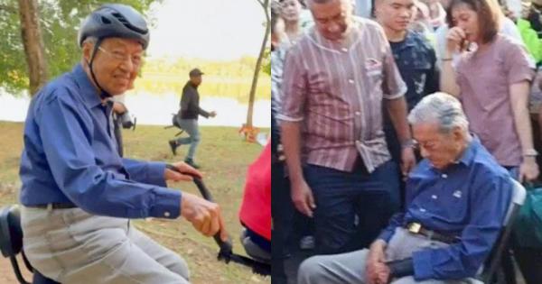 Mahathir Mohamad bersepeda tandem sebelum dilarikan ke rumah sakit. (Foto: X)