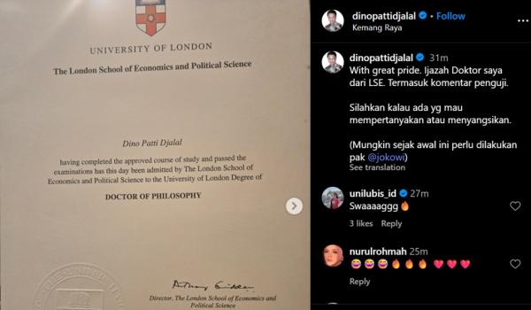 Mantan Wamenlu Dino Patti Djalal mengunggah ijazah Doktor miliknya di Instagram sambil me-mention akun Jokowi. (Foto: @dinopattidjalal/Instagram)