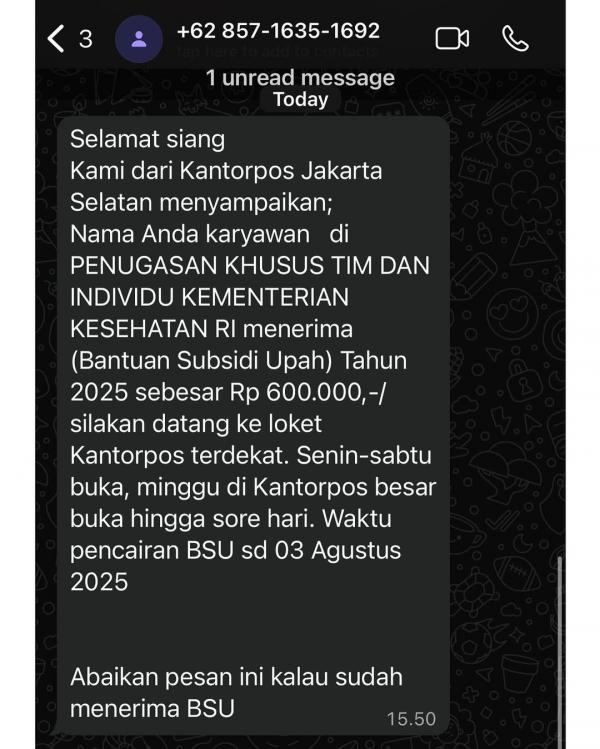 Pesan singkat yang diterima Ernest Prakasa soal BSU. (Foto: Instagram)