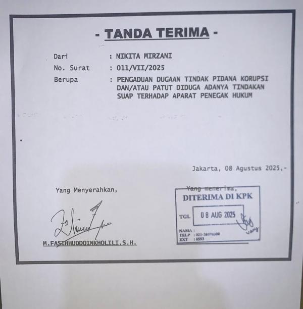 Bukti laporan Nikita Mirzani ke KPK. (Foto: Instagram)
