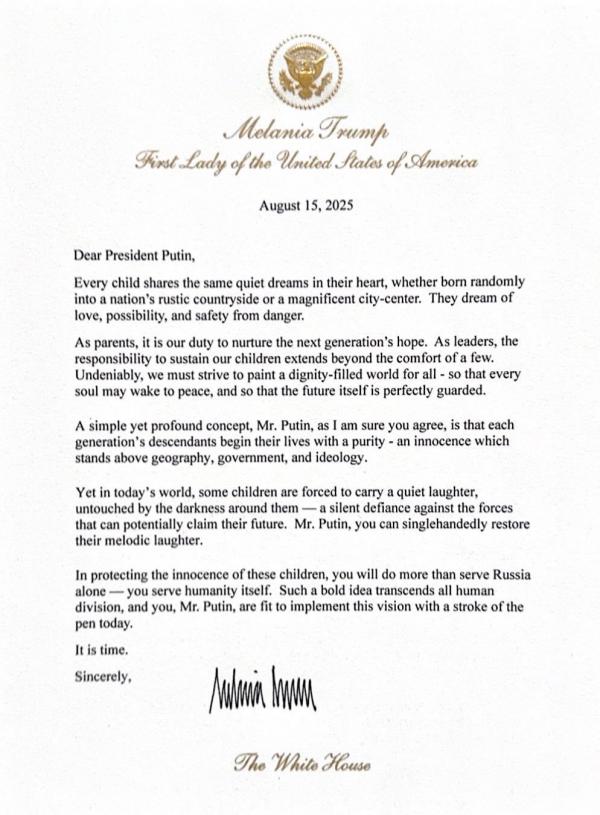 Surat Perdamaian Melania Trump Surat Perdamaian Melania Trump untuk Putin. (Foto: X)