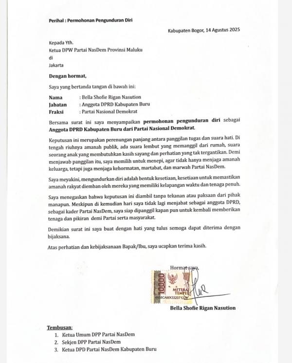 Surat pernyataan mundur dari anggota DPRD Buru milik Bella Shofie. (Foto: Instagram)