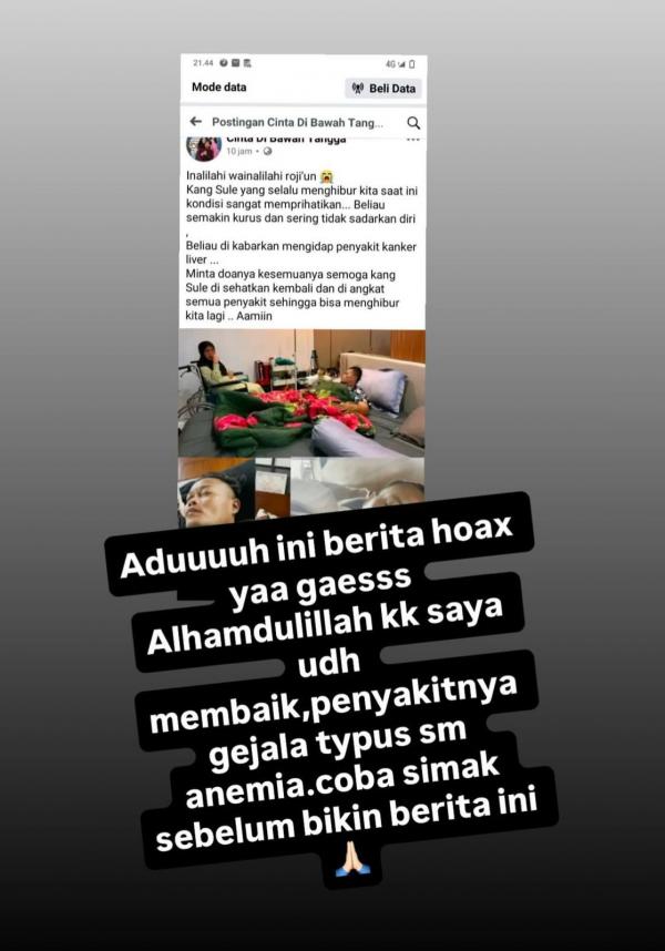 Sule difitnah sakit kanker liver oleh netizen, adik beri klarifikasi. (Foto: Instagram)