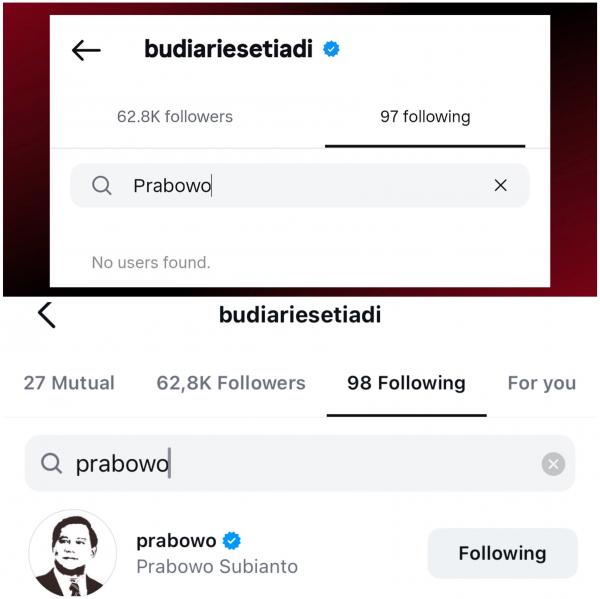 Budi Arie Unfollow Prabowo Budi Arie terciduk sempat unfollow Prabowo di Instagram. (Foto: Instagram, X)
